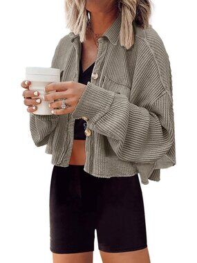 Women Dusty Khaki Cropped Wafle Knit Button Down Batwing Sleeve Cardigan Jacket